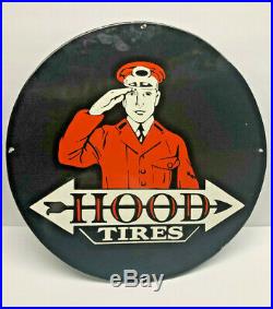 Vintage 20 Round Porcelain Enamel Hood Tires Metal Dealer Sign