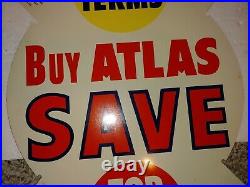 Vintage 50s/60s Atlas Tires Tin Sign, Buy, Save, Retail Auto Tire Store Display