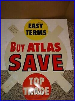 Vintage 50s/60s Atlas Tires Tin Sign, Buy, Save, Retail Auto Tire Store Display