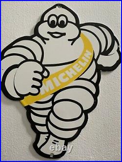 Vintage 9 Michelin Man Yellow Tires Porcelain Advertising Wood Door Push Sign