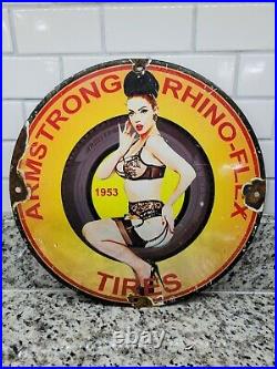Vintage Armstrong Porcelain Metal Sign Rhinoflex Tires Gas Oil Service Garage