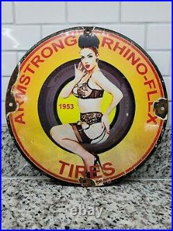 Vintage Armstrong Porcelain Metal Sign Rhinoflex Tires Gas Oil Service Garage