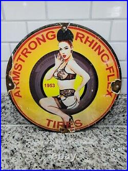 Vintage Armstrong Porcelain Sign Rhinoflex Tires Gas Oil Service Garage Woman12