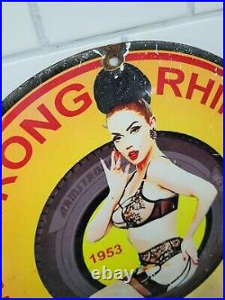Vintage Armstrong Porcelain Sign Rhinoflex Tires Gas Oil Service Garage Woman12