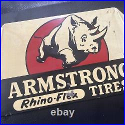 Vintage Armstrong Tires Sign Rhino Flex Antique Gas Sign Gasoline Oil 7x21