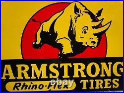 Vintage Armstrong Tires Sign Rhino Flex Antique Gas Sign Gasoline Oil 7x21