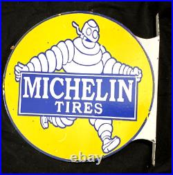 Vintage Art MICHELIN TIRES FLANGE SIGN PORCELAIN ENAMEL Rare Advertising