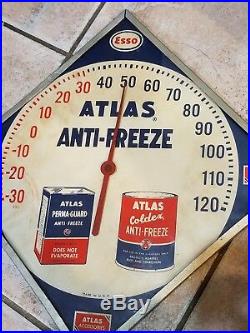 Vintage Atlas Esso Gas Oil Battery Tire Metal Thermometer Sign 12x12 Antifreeze