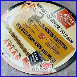 Vintage Atlas Tires & Batteries Porcelain Gas Oil Auto Car Service Ad Metal Sign