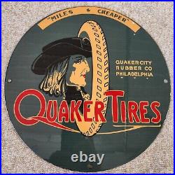 Vintage Auto Porcelain Quaker Tires-miles & Cheaper Heavy Duty Sign 12 Nches