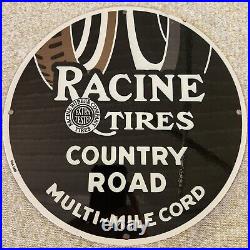 Vintage Auto Porcelain Racine Tires Country Road Multi-mile Cord Sign 12 Inches