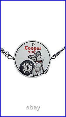 Vintage Cooper Tires Porcelain Bikini Girl Pinup Garage Gas Service Pump Ad Sign