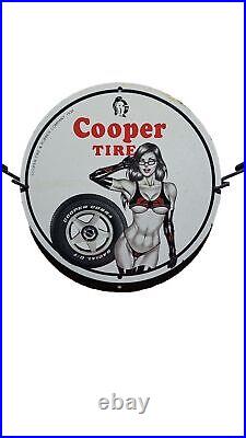 Vintage Cooper Tires Porcelain Bikini Girl Pinup Garage Gas Service Pump Ad Sign