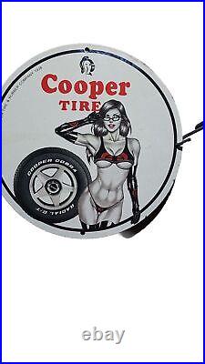 Vintage Cooper Tires Porcelain Bikini Girl Pinup Garage Gas Service Pump Ad Sign