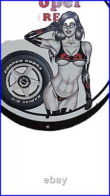 Vintage Cooper Tires Porcelain Bikini Girl Pinup Garage Gas Service Pump Ad Sign