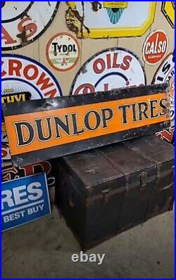 Vintage DUNLOP TIRES Sign Metal on Wood American Made Americana Patina 60 inches
