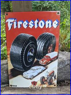 Vintage Dated 1949 Firestone Tires Porcelain Advertising Sign Tire 12 X 8