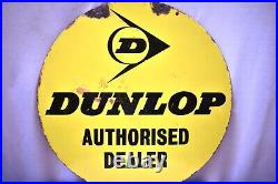 Vintage Dunlop Tire Sign Board Porcelain Enamel Double Sided Round Yellow Rare