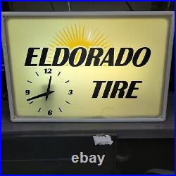 Vintage ELDORADO TIRE ILLUMINATED 1980s SIGN CLOCK Working 21 x 14 advertising