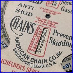 Vintage Early Auto Weed Chains Tires Gasoline Oil Pricer Chart Sign Collectible