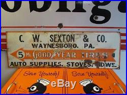 Vintage Early Goodyear Tire Sign Waynesboro PA CW Sexton Embossed5 Miles Arrow