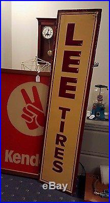 Vintage Embossed LEE TIRES Vertical Advertising Sign w Wood Back Frame