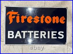 Vintage FIRESTONE BATTERIES PORCELAIN FLANGE SIGN Original Tire AC Rare Glossy