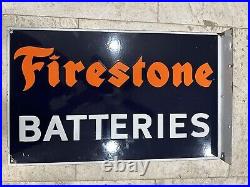 Vintage FIRESTONE BATTERIES PORCELAIN FLANGE SIGN Original Tire AC Rare Glossy