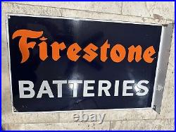 Vintage FIRESTONE BATTERIES PORCELAIN FLANGE SIGN Original Tire AC Rare Glossy