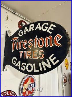 Vintage FIRESTONE TIRES GASOLINE Porcelain Flange Sign Gas Oil 24