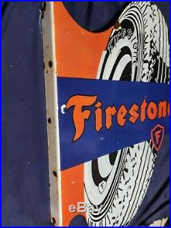 Vintage FIRESTONE TIRES Porcelain Enamel Sign Tire Die Cut Double Sided Flange