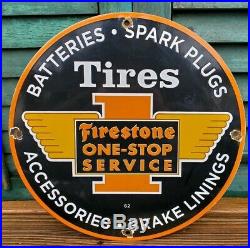 Vintage Firestone Porcelain 1962 Sign Tires Spark Plugs Batteries Brakes Parts