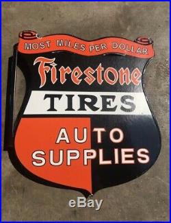 Vintage Firestone Porcelain Double Sided Flange Sign Advertising Service Station