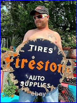 Vintage Firestone Tire Auto Supplies Gas Oil Service Station Porcelain Sign