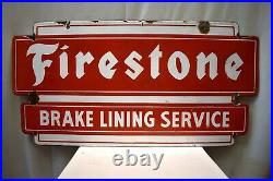 Vintage Firestone Tire & Brake Lining Service Sign Porcelain Enamel Double Side