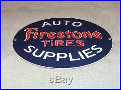 Vintage Firestone Tires Auto Supplies 11 3/4 Porcelain Metal Gasoline Oil Sign