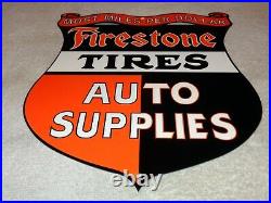 Vintage Firestone Tires Auto Supplies Die-cut 12 Metal Tire Gasoline Oil Sign