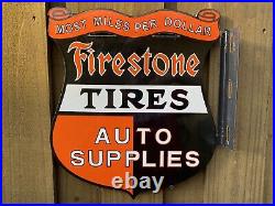Vintage Firestone Tires Porcelain Flange Sign Shield Station Gas Auto Supplies