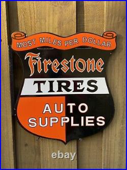 Vintage Firestone Tires Porcelain Flange Sign Shield Station Gas Auto Supplies