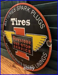 Vintage Firestone Tires Porcelain Gas Automobile Service 12 Pump Plate Sign