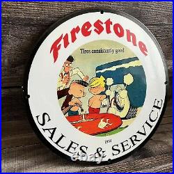 Vintage Firestone Tires Porcelain Sign Gas Oil Dennis The Menace Sales Service