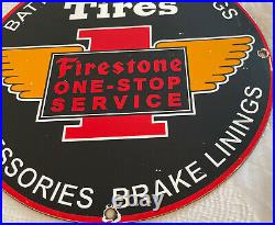 Vintage Firestone Tires Porcelain Sign Service Auto Supplies Gas Spark Plug Oil
