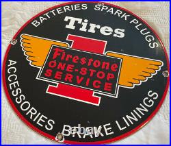 Vintage Firestone Tires Porcelain Sign Service Auto Supplies Gas Spark Plug Oil