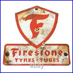 Vintage Firestone Tires White Red Metal Enamel Gas Station Deco 5 x 5 Sign Used