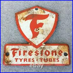Vintage Firestone Tires White Red Metal Enamel Gas Station Deco 5 x 5 Sign Used