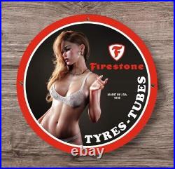 Vintage Firestone Tyres Tube Girl Garage Service Porcelain Enamel Pin Up Sign