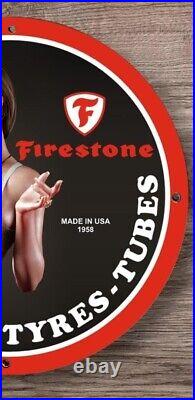 Vintage Firestone Tyres Tube Girl Garage Service Porcelain Enamel Pin Up Sign