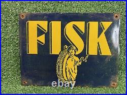 Vintage Fisk Porcelain Sign Gas Automobile Tire Dealer Boy Car Truck Parts Shop