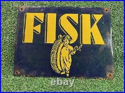Vintage Fisk Porcelain Sign Gas Automobile Tire Dealer Boy Car Truck Parts Shop