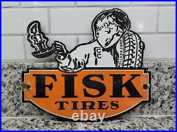 Vintage Fisk Porcelain Sign Tire Sales Auto Car Garage Oil Gas Station Metal